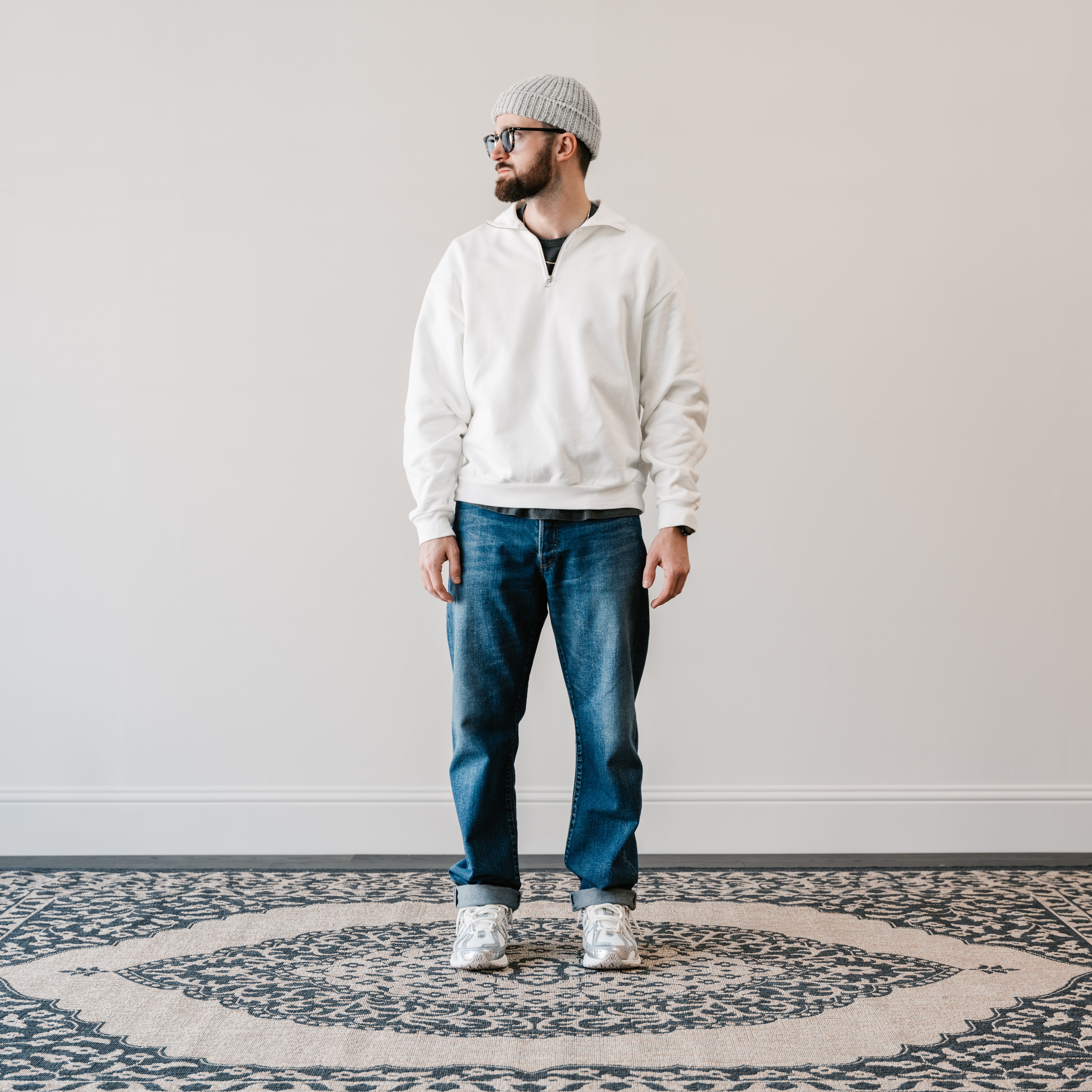 January Favorite Fits - Canoe Club - Model wearing white quarter-zip,