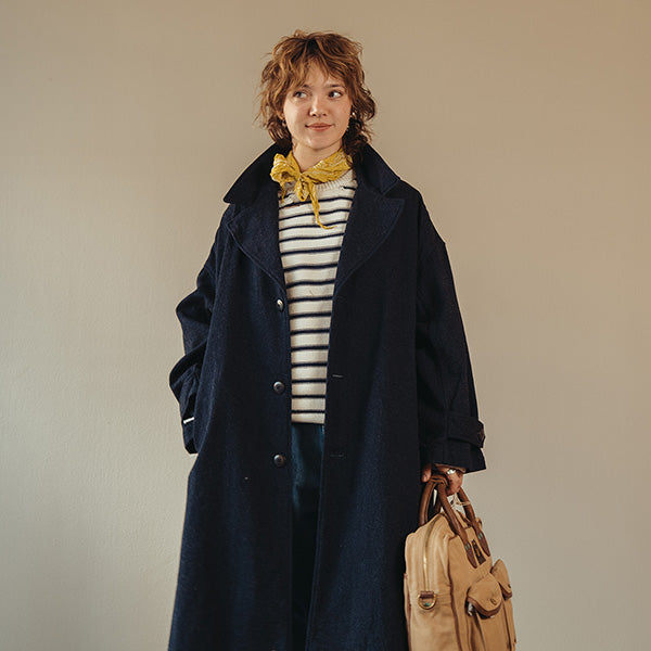 Image of person wearing a blue long twill coat, striped shirt, and a yellow bandana from various brands