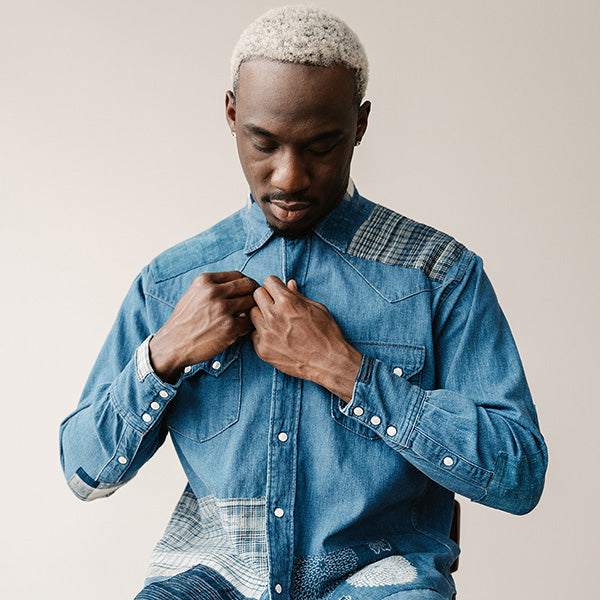 Canoe Club Styled Image of Blue patchwork button up