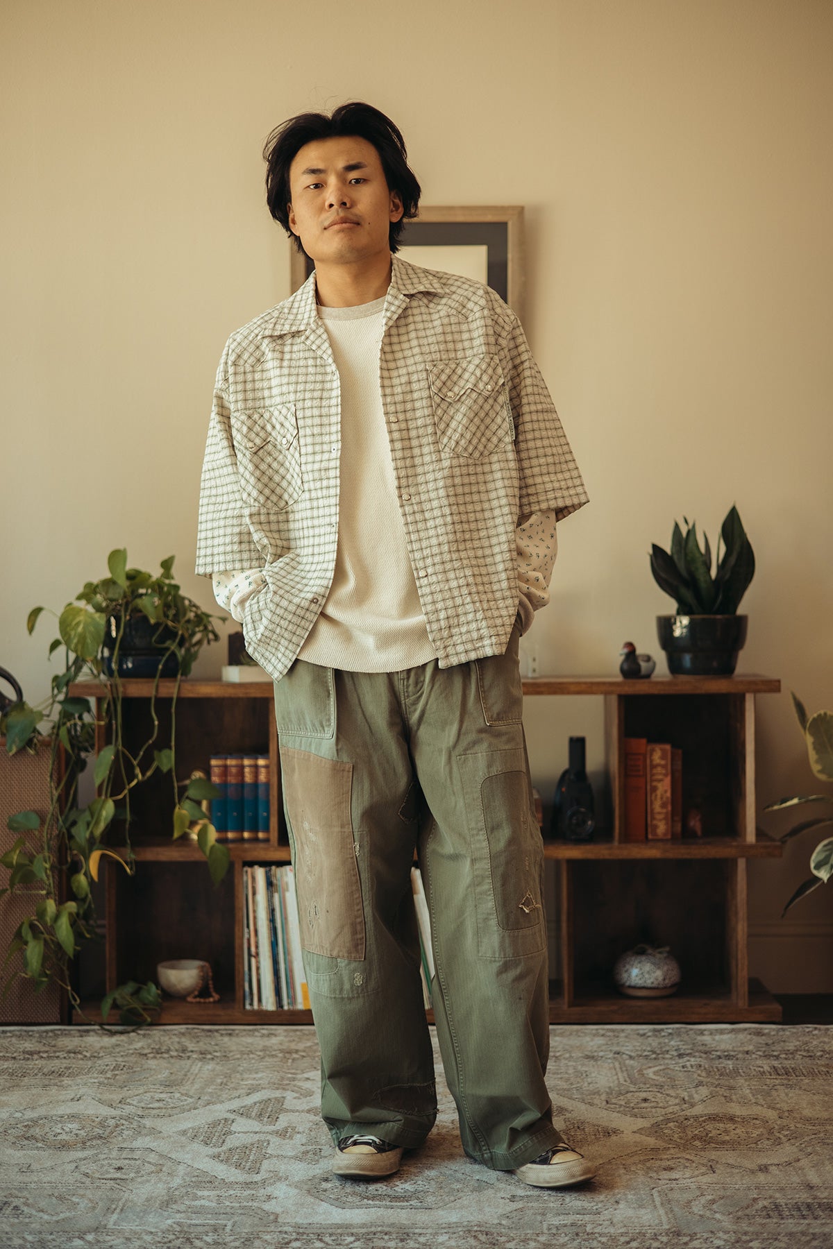 Kapital - Cotton Linen Seersucker Check Open-Collar Western BIG Shirt - Green - Canoe Club