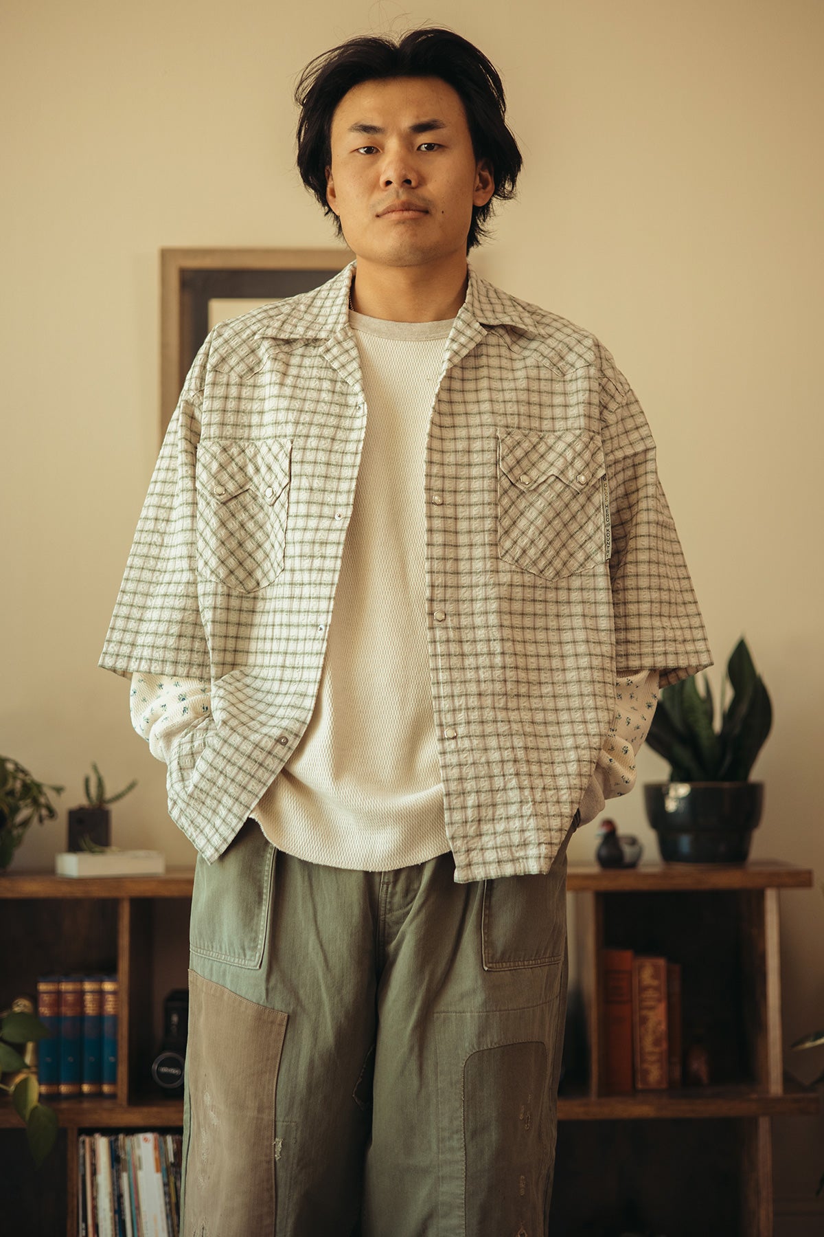 Kapital - Cotton Linen Seersucker Check Open-Collar Western BIG Shirt - Green - Canoe Club