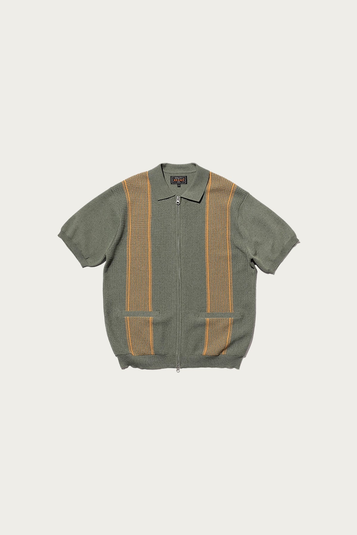 Beams Plus - Zip Knit Polo Stripe - Olive - Canoe Club