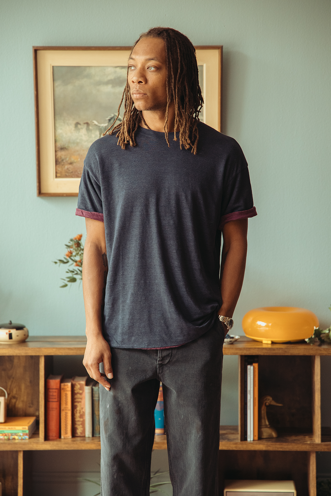 Herill - Linen Reversible T-Shirt - Navy/Bordeaux - Canoe Club