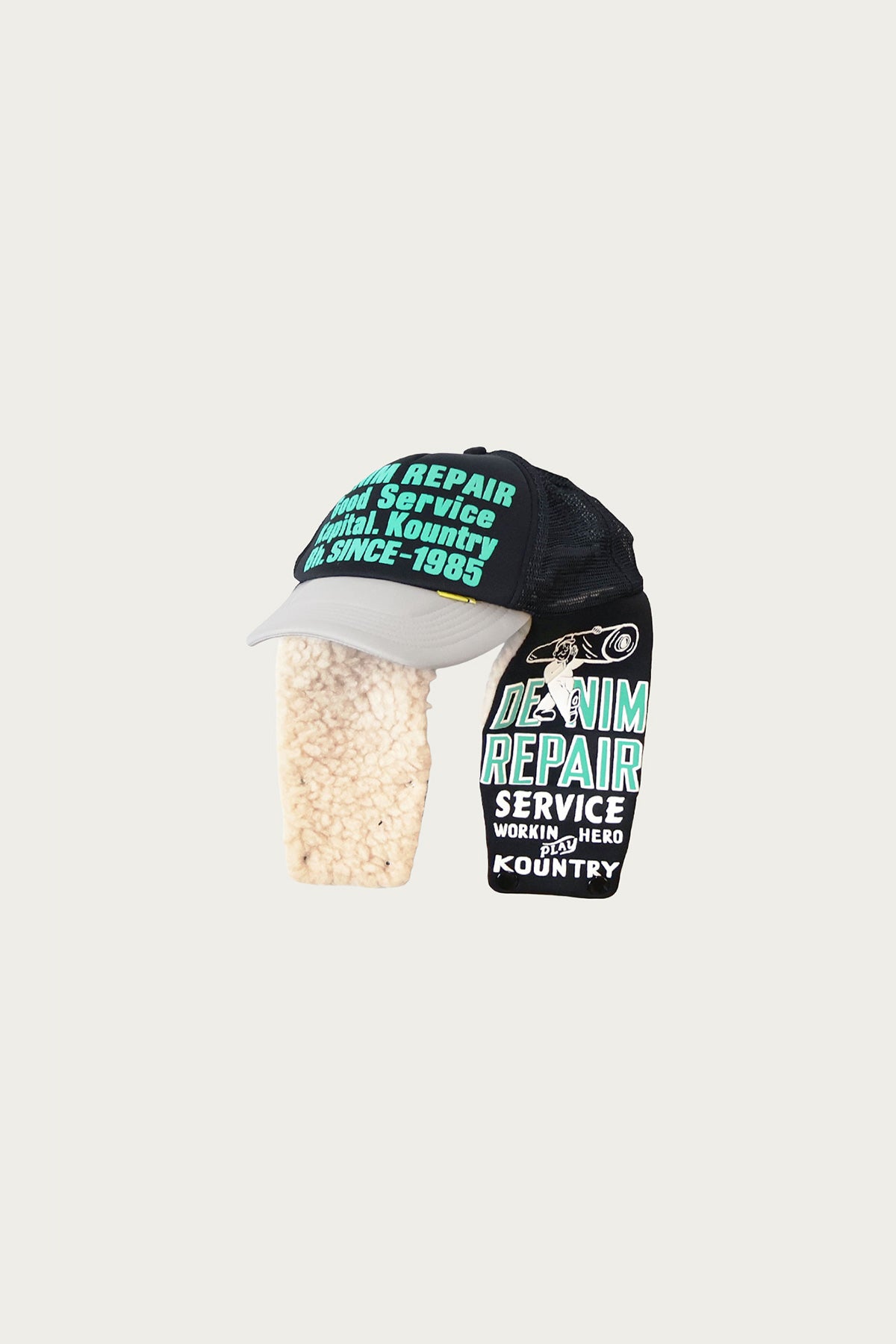 Kapital - DENIM REPAIR SERVICE LUMBER Trucker Cap - Black/Grey - Canoe Club